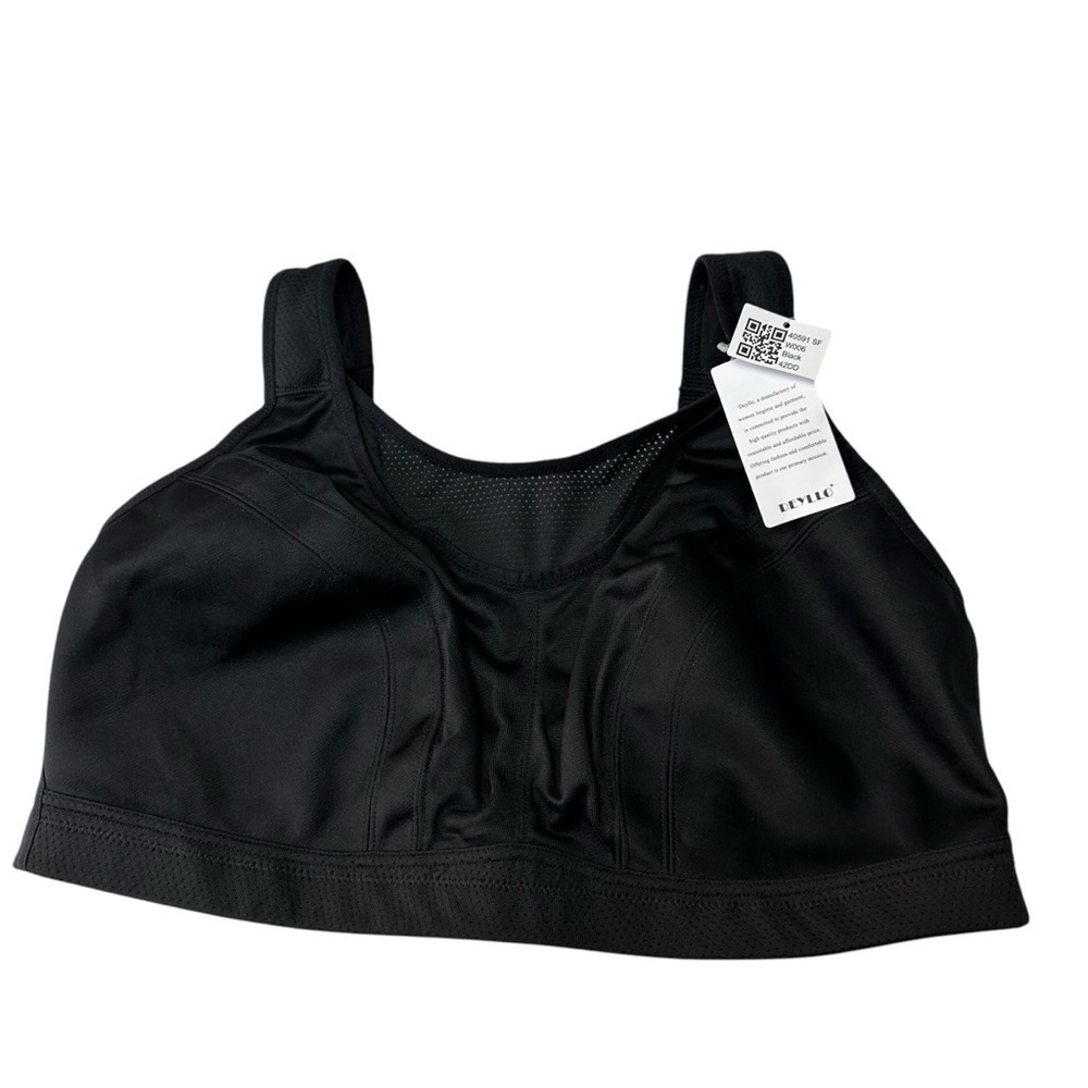 Deyllo Black Sports Bra, Full Support, Style 40591, 42DD/E